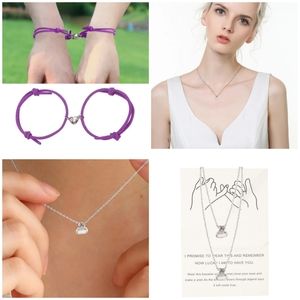 Couples Gift Set Bundle Magnetic Necklace & Bracelet Silver Purple Heart